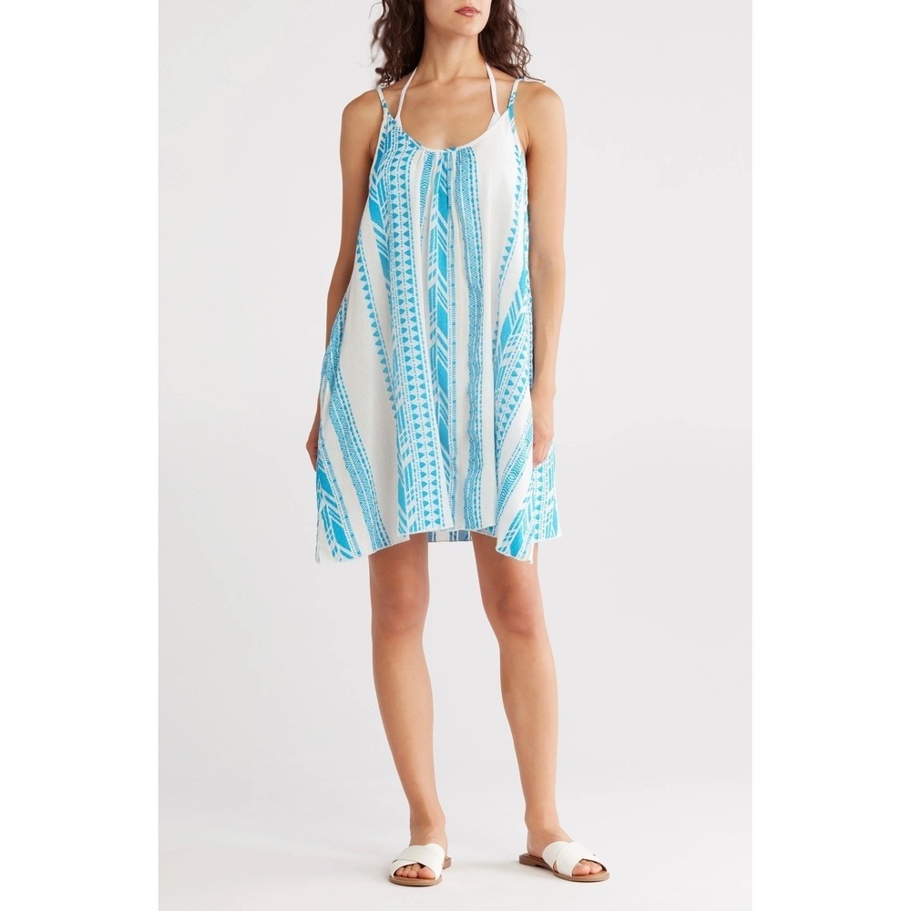 Elan Womens White Blue Geometric Print Halter Neck Mini Dress Beach Cover Up XL